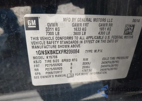 2015 Chevrolet Tahoe Lt z USA, uszkodzony, nr VIN 1GNSKBKCXFR209084